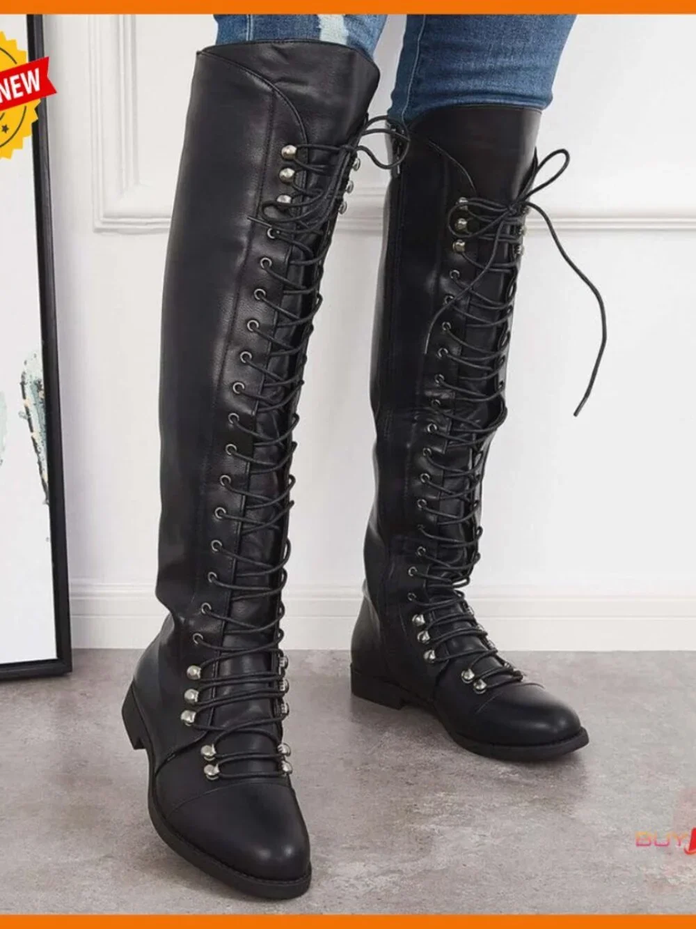 Over The Knee Flat Boots Lace-Up Riding Boots Synthetic Leather